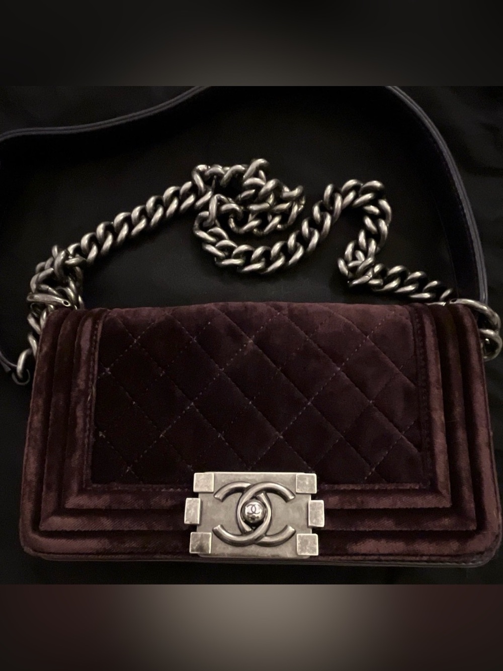CHANEL Le Boy Purple Quilted Velvet Shoulder Bag Silver Chain Strap